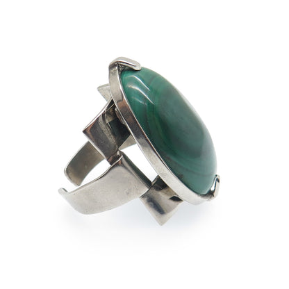 925 Sterling Silver Vintage Real Malachite Oxidized Adjustable Ring Size 8.75