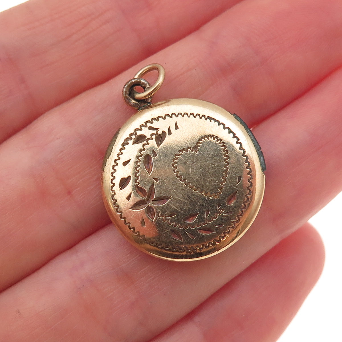 Gold Filled Antique Art Deco Engraved Floral Heart Round Locket Charm Pendant