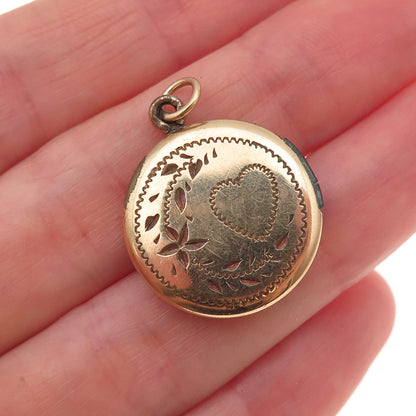 Gold Filled Antique Art Deco Engraved Floral Heart Round Locket Charm Pendant