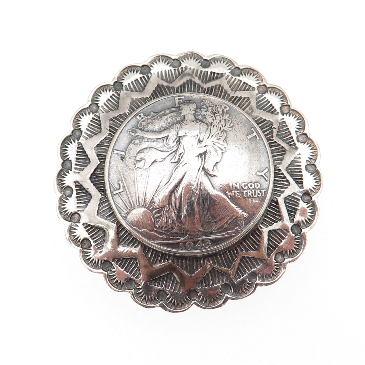 Buffalo Dancer Old Pawn 900 & 925 Silver Antique 1943 Liberty Half Dollar Buckle