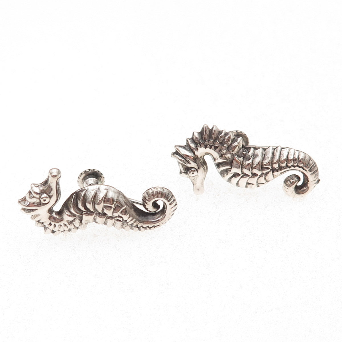 925 Sterling Silver Antique Art Deco Seahorse Oxidized Screw Back Earrings