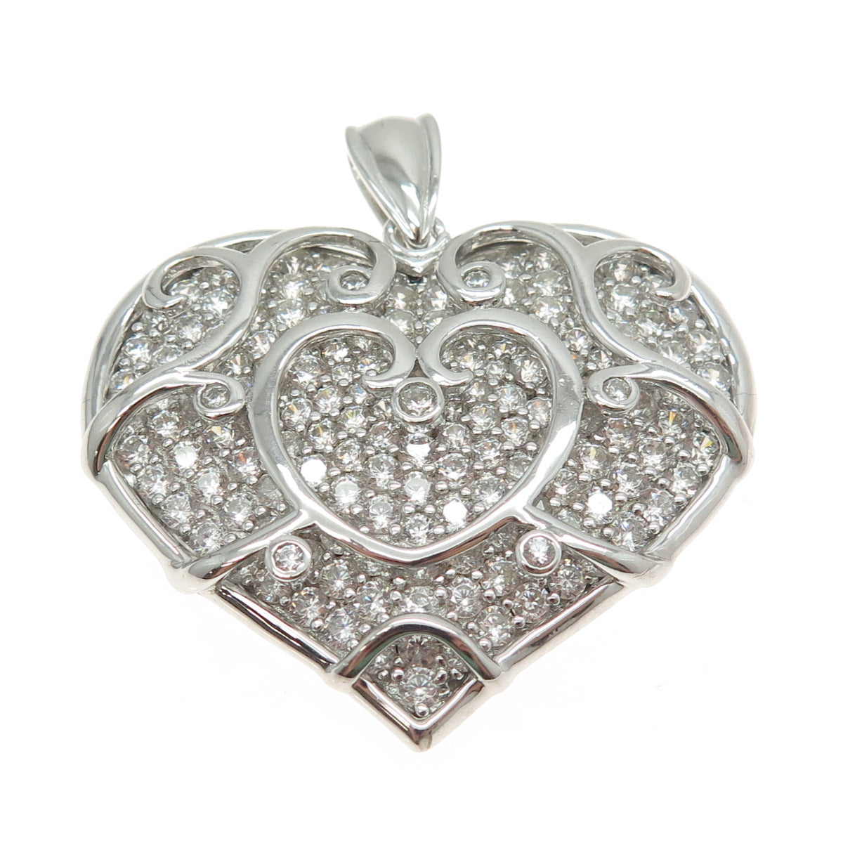 925 Sterling Silver Pave C Z Heart Large Pendant