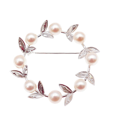 925 Sterling Silver Antique Art Deco Real Akoya Pearl Floral Circle Pin Brooch