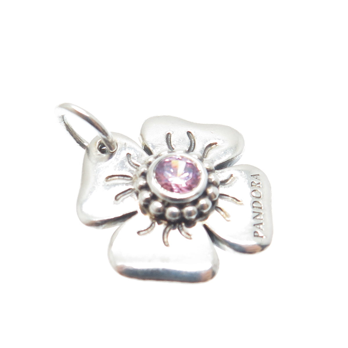 PANDORA 925 Sterling Silver Round-Cut Pink C Z Flower Charm Pendant