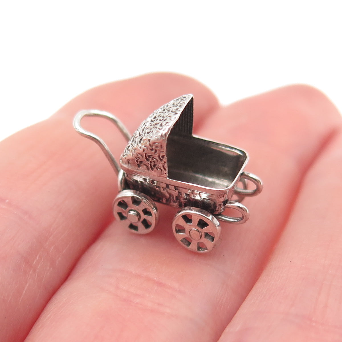 925 Sterling Silver Vintage Baby Stroller Oxidized 3D Mini Charm Pendant