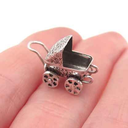 925 Sterling Silver Vintage Baby Stroller Oxidized 3D Mini Charm Pendant