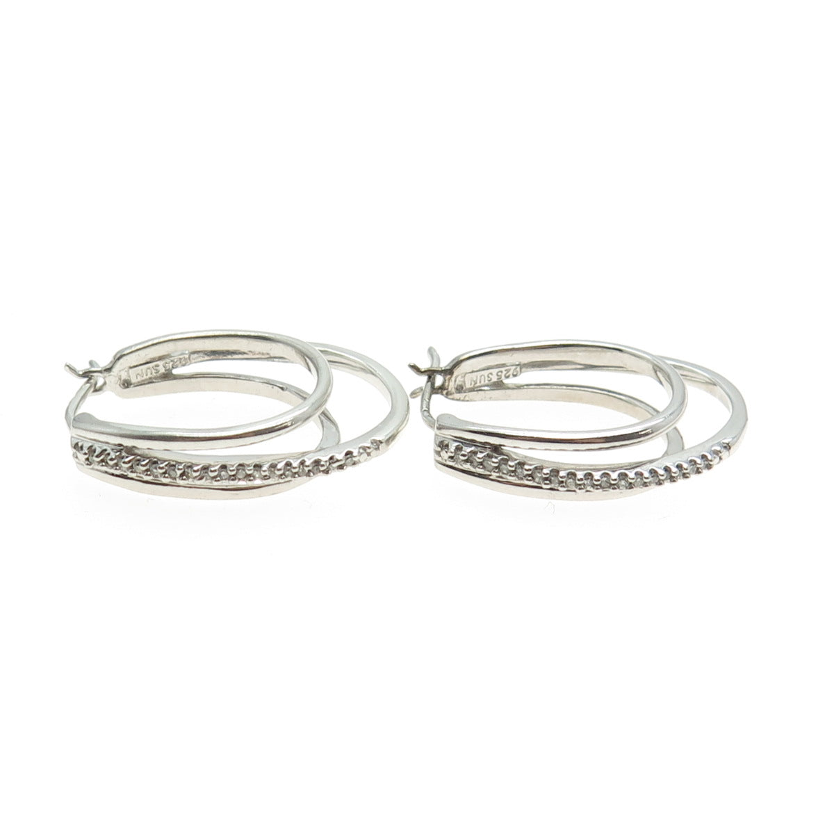 SUN 925 Sterling Silver Real Round-Cut Diamond Multi-Row Hoop Earrings