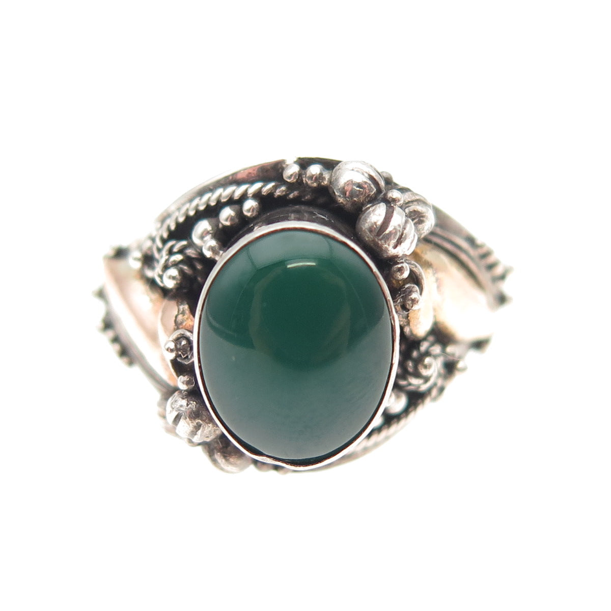 925 Sterling Silver & Gold Vintage Real Green Onyx Oxidized Ring Size 7.25