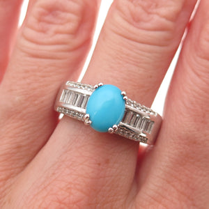 Chuck Clemency 925 Sterling Silver Real Turquoise & White Topaz Ring Size 8.25