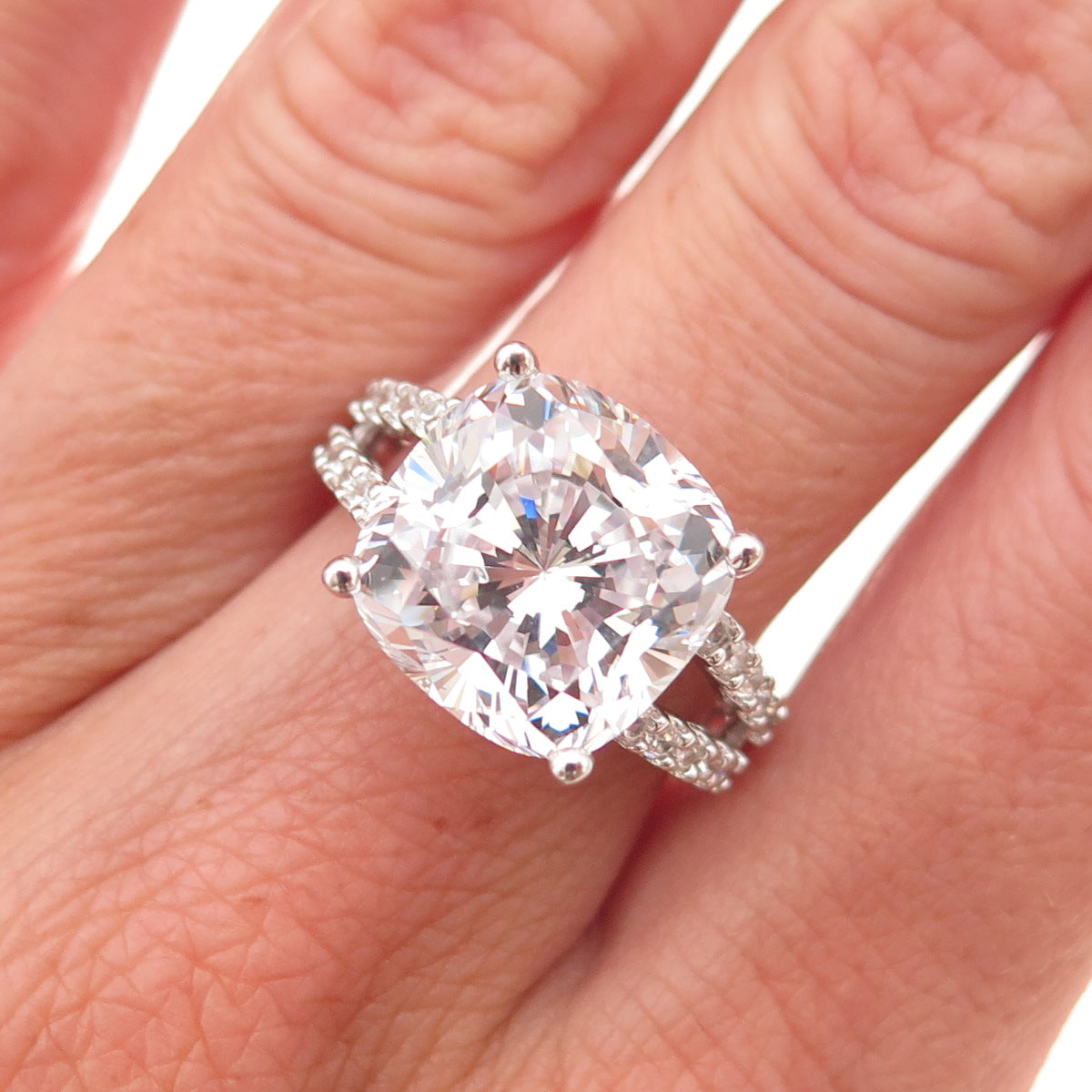 925 Sterling Silver Cushion & Round-Cut C Z Engagement Ring Size 7