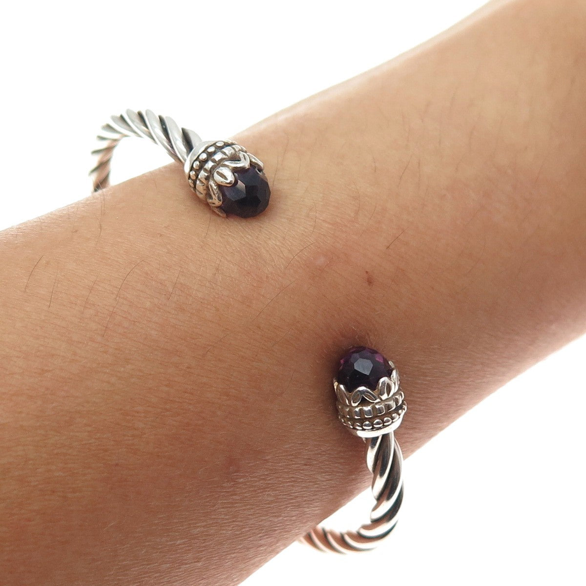 925 Sterling Silver Vintage Nano Amethyst Twisted Adjustable Cuff Bracelet 6"