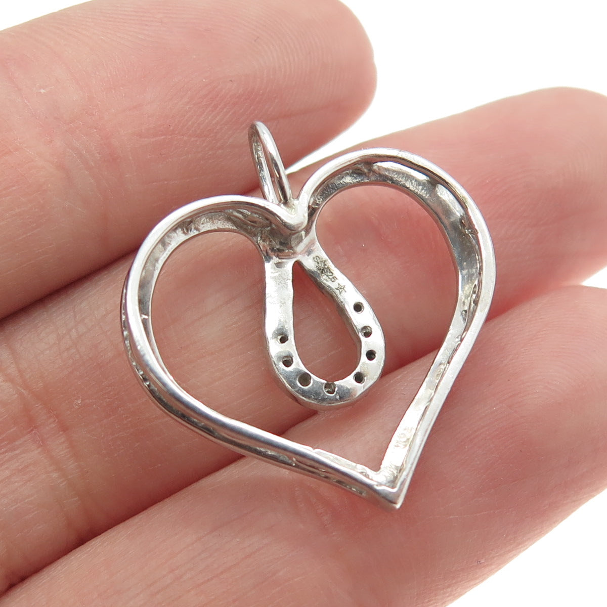 925 Sterling Silver Real Round-Cut Diamond Modernist Heart Pendant