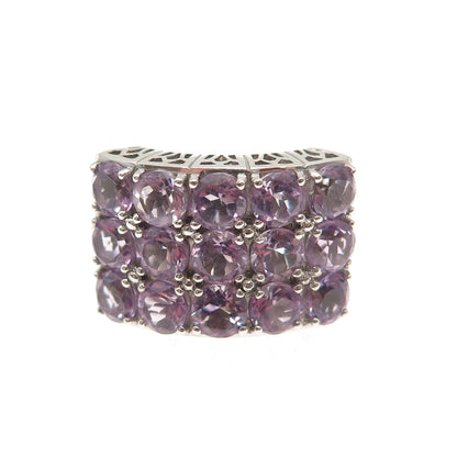 925 Sterling Silver Vintage Real Round-Cut Amethyst Cluster Ring Size 8
