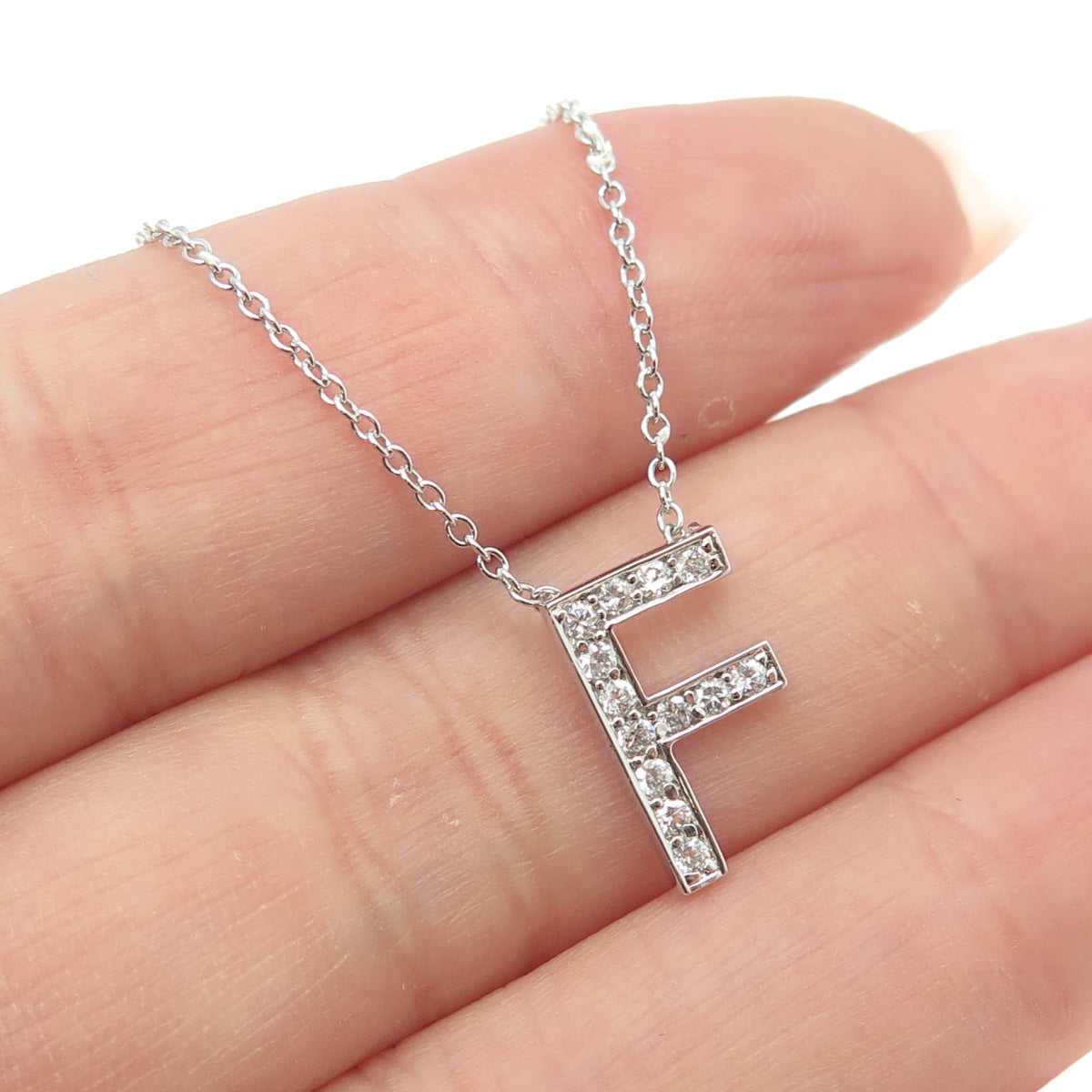 925 Sterling Silver Pave C Z Letter "F" Initial Cable Chain Necklace 18"