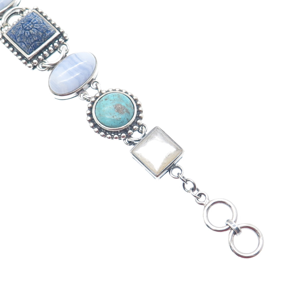 WHITNEY KELLY 925 Sterling Vintage Real Agate Lapis Turquoise MOP Bracelet 7.5"