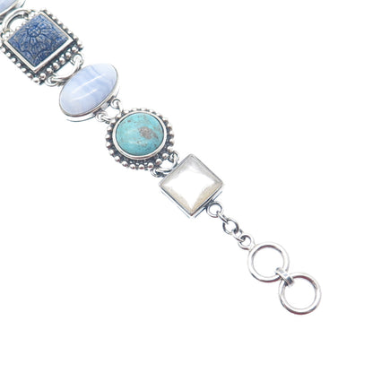 WHITNEY KELLY 925 Sterling Vintage Real Agate Lapis Turquoise MOP Bracelet 7.5"