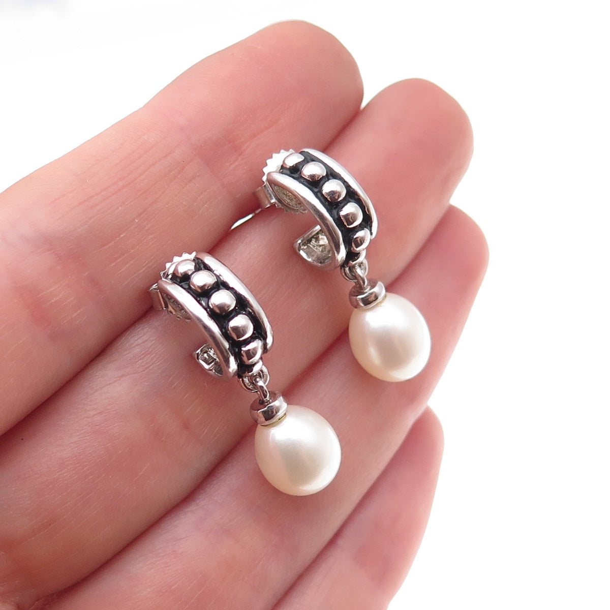 Honora 925 Sterling Silver Vintage Real Pearl Oxidized Dangle Earrings