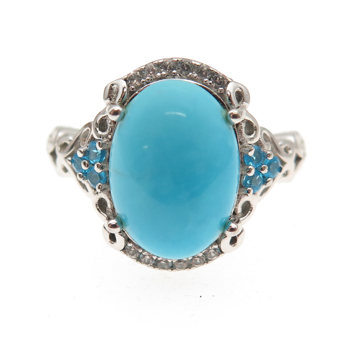 925 Sterling Real Sleeping Beauty Turquoise White Topaz & Apatite Ring Size 9