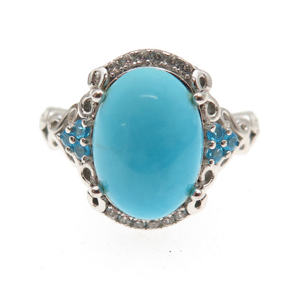 925 Sterling Real Sleeping Beauty Turquoise White Topaz & Apatite Ring Size 9