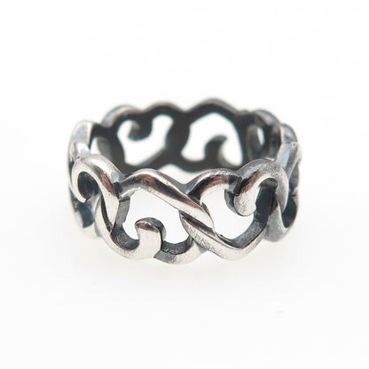 925 Sterling Silver Vintage Heart Link Oxidized All Around Band Ring Size 6.25