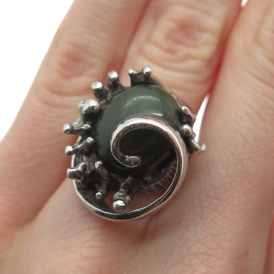 925 Sterling Silver Vintage Mexico Real Jade Brutalist Oxidized Ring Size 6.5