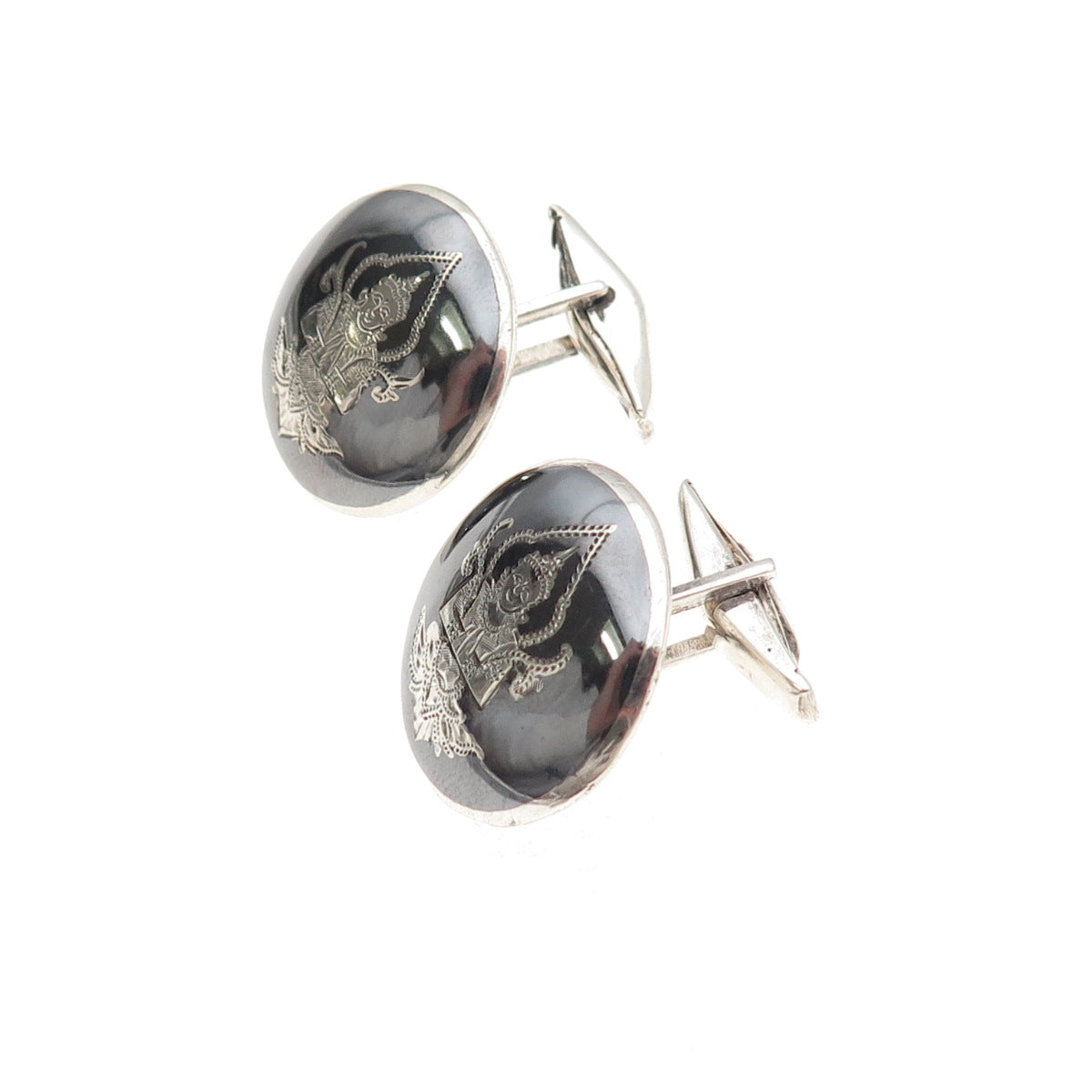 925 Sterling Silver Vintage Niello Hindu Goddess Cufflinks