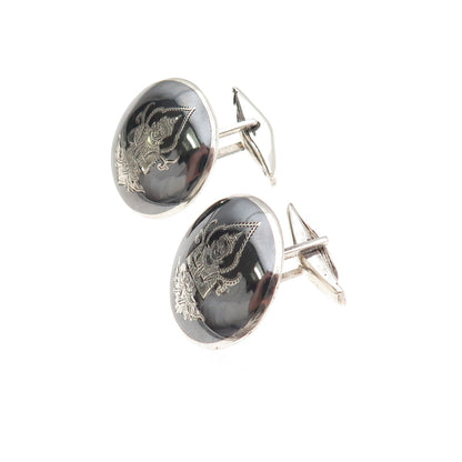 925 Sterling Silver Vintage Niello Hindu Goddess Cufflinks