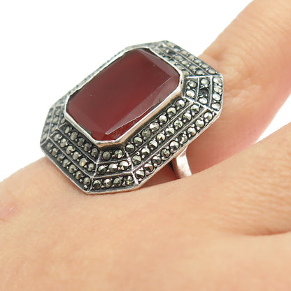 925 Sterling Silver Antique Art Deco Carnelian & Marcasite Gem Ring Size 4.25