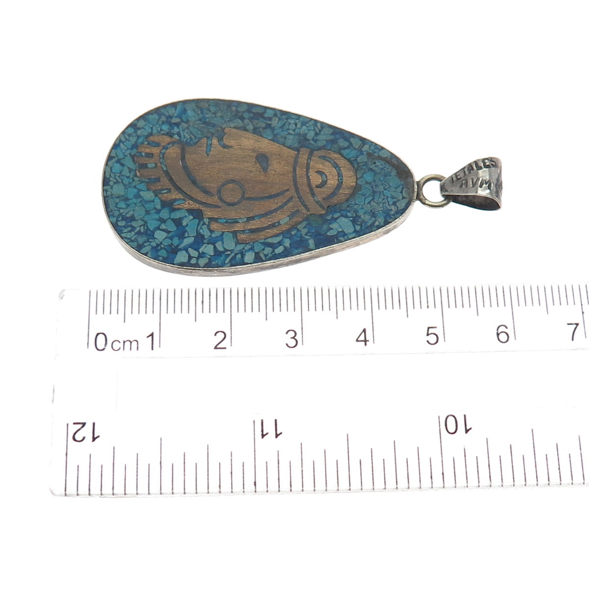 925 Sterling 2-Tone Vintage Metales Mexico Real Turquoise Inlay & Wood Pendant