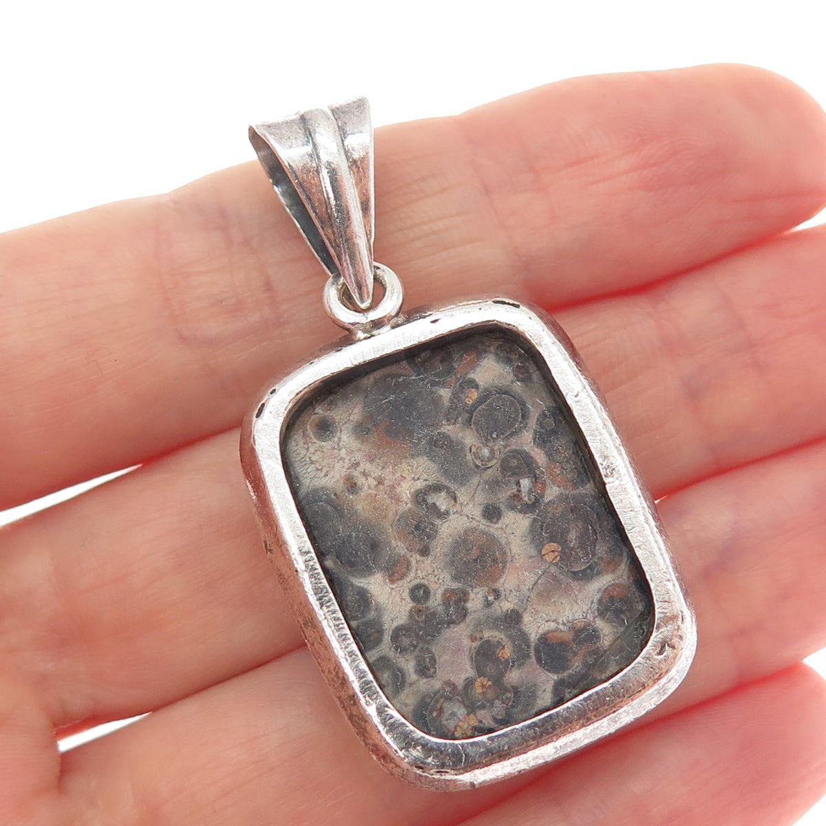 925 Sterling Silver Vintage Mexico Real Leopard Skin Jasper Modernist Pendant