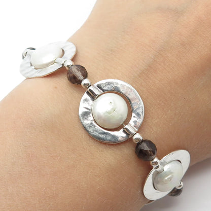 925 Sterling Silver Vintage Real Pearl & Smoky Quartz Hammered Bracelet 7.25"