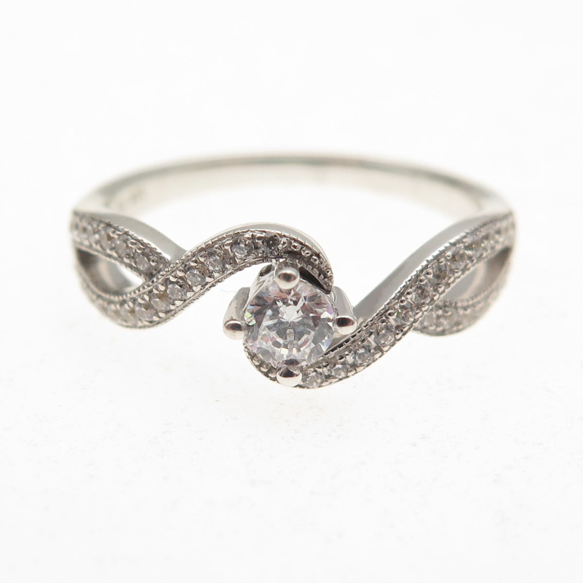 925 Sterling Silver Round-Cut C Z Wavy Engagement Ring Size 6.5