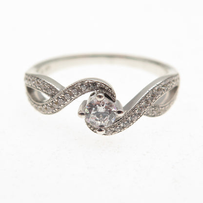925 Sterling Silver Round-Cut C Z Wavy Engagement Ring Size 6.5
