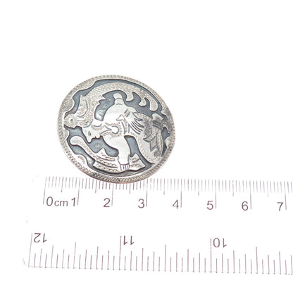 900 Silver Vintage Guatemala Tribal Hunter Oxidized Round Pin Brooch