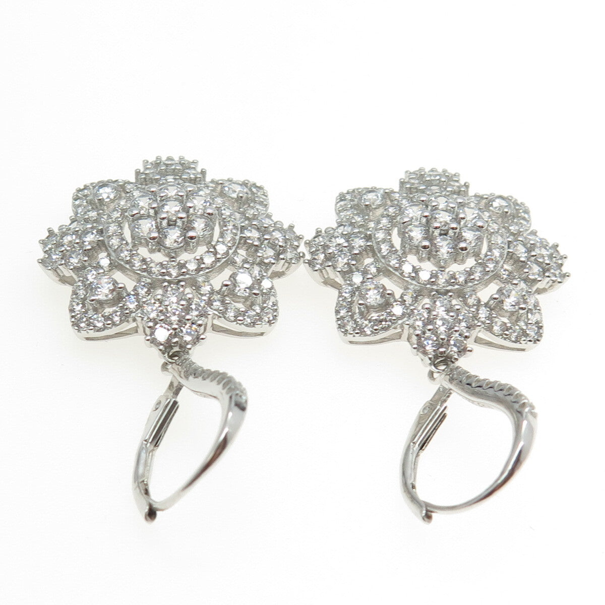 925 Sterling Silver Pave C Z Floral Dangling Earrings