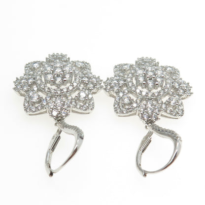 925 Sterling Silver Pave C Z Floral Dangling Earrings