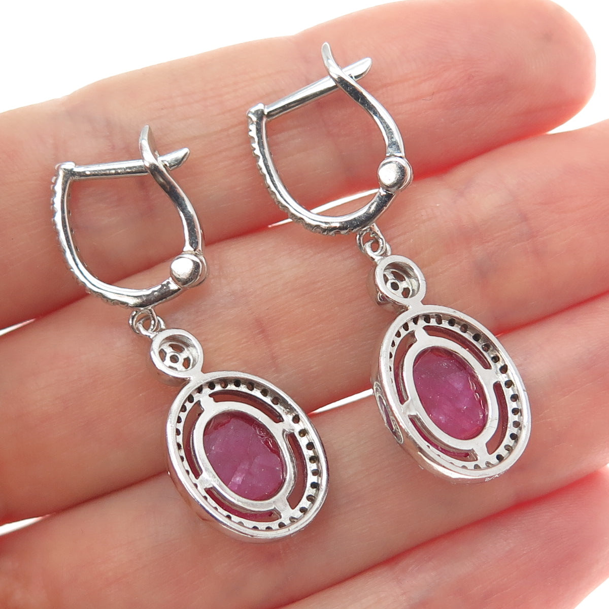 925 Sterling Silver Real Diamond & Oval-Cut Ruby Dangle Earrings