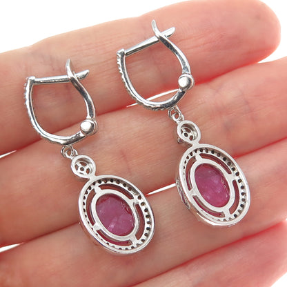 925 Sterling Silver Real Diamond & Oval-Cut Ruby Dangle Earrings