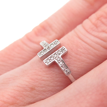 925 Sterling Silver Round-Cut C Z T-Shape Adjustable Ring Size 6.25