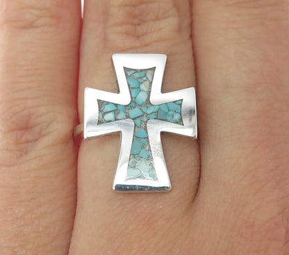 925 Sterling Silver Vintage Real Turquoise Inlay Cross Ring Size 5.75