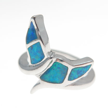 925 Sterling Silver Real Blue Opal Gemstone Whale's Tail Ring Size 5