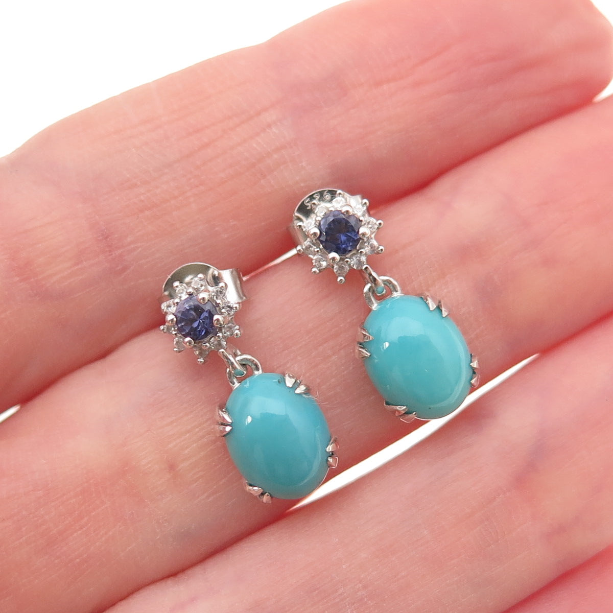 925 Sterling Silver Real Turquoise Tanzanite & White Topaz Dangle Earrings