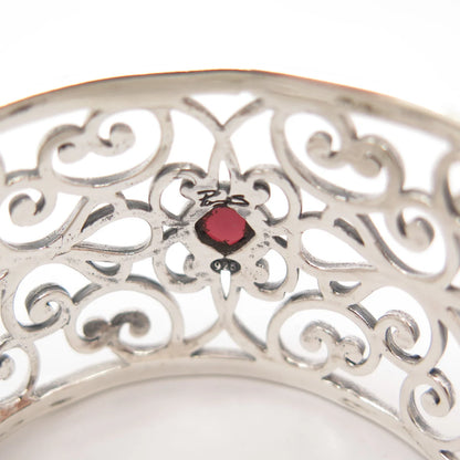 925 Sterling Silver Vintage Real Red Garnet Gem Ornate Cuff Bracelet 7"
