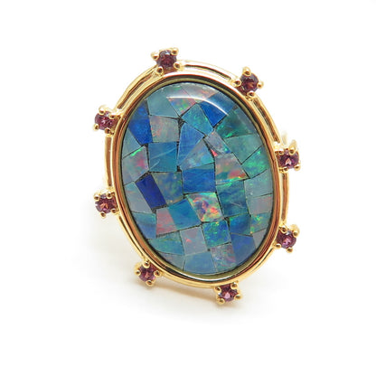 925 Sterling Silver Gold Plated Real Opal Inlay & Amethyst Ring Size 5.75