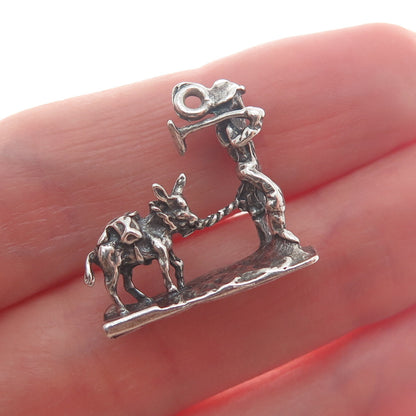 925 Sterling Silver Vintage Gold Miner with Donkey Oxidized 3D Pendant
