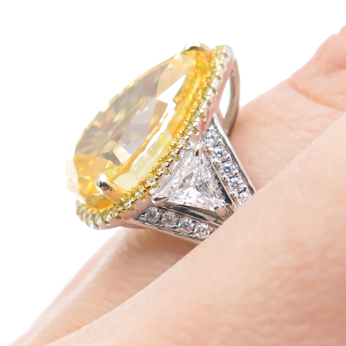 DSMK 925 Sterling Silver 2-Tone Canary & White Multi-Cut C Z Ring Size 6.25