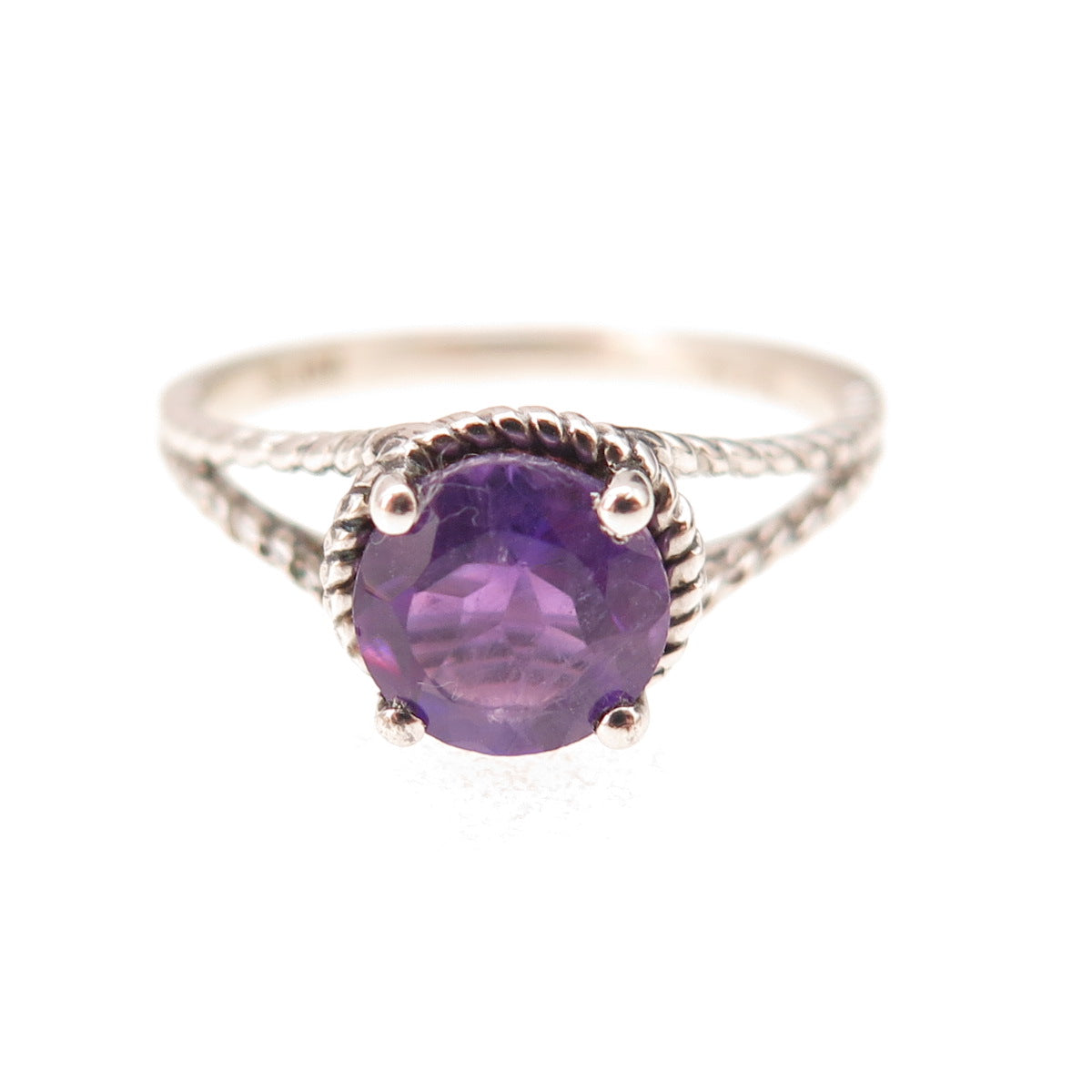 925 Sterling Silver Vintage Real Round-Cut Amethyst Oxidized Ring Size 7.25