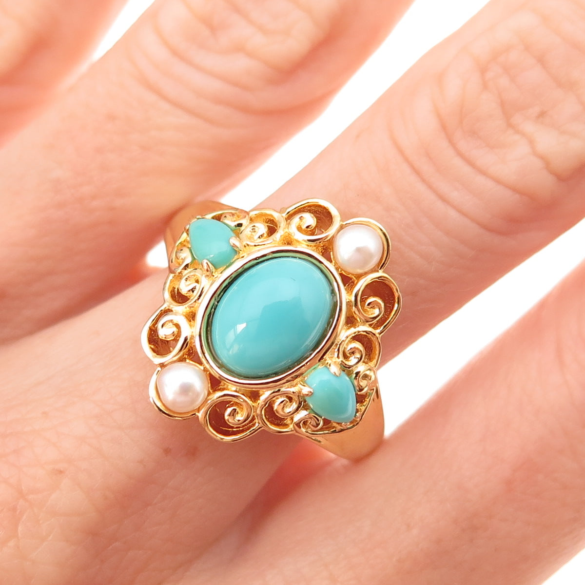 925 Sterling Silver Gold Plated Real Turquoise & Pearl Floral Ring Size 10
