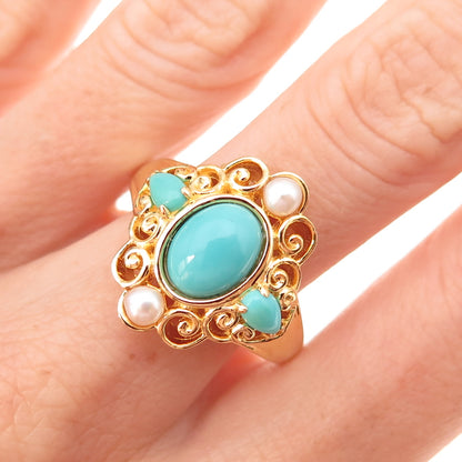 925 Sterling Silver Gold Plated Real Turquoise & Pearl Floral Ring Size 10