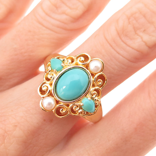 925 Sterling Silver Gold Plated Real Turquoise & Pearl Floral Ring Size 10